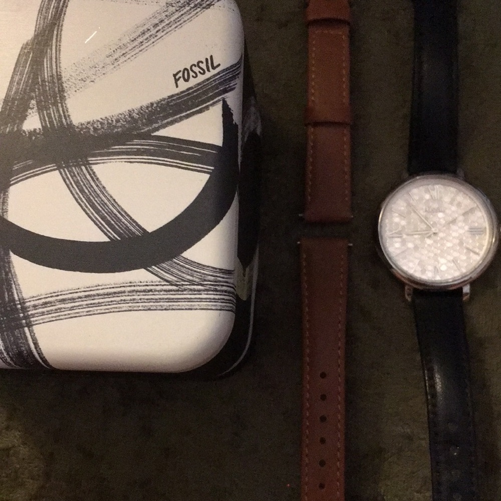 Fossil Opal Face Leather Watch with Extra Band